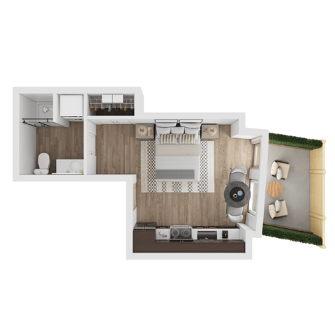 a stylized floor plan of a house with a bedroom and a bathroom